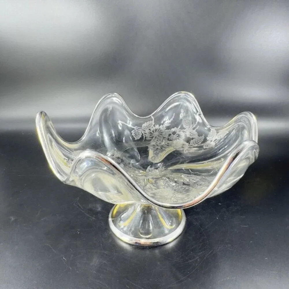 Vintage Viking Clear Footed Dish Bowl With Silver Overlay Flowers Pattern‎ VTG